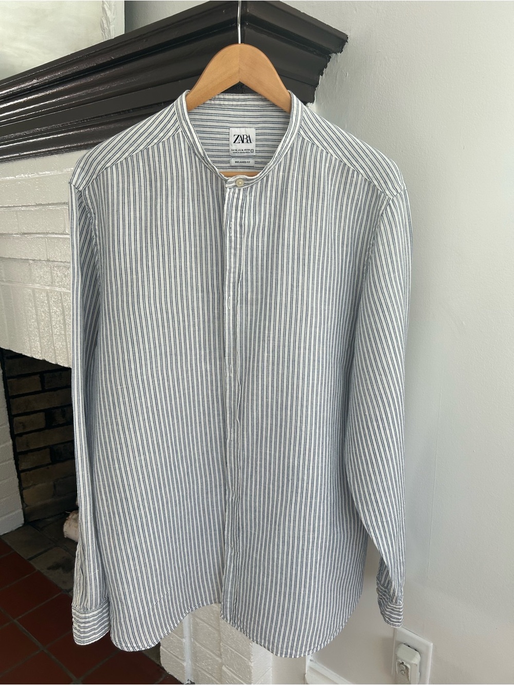 Zara Men’s Blue & White Vertical Stripe Band-Collar Line Blend Shirt Size XL
